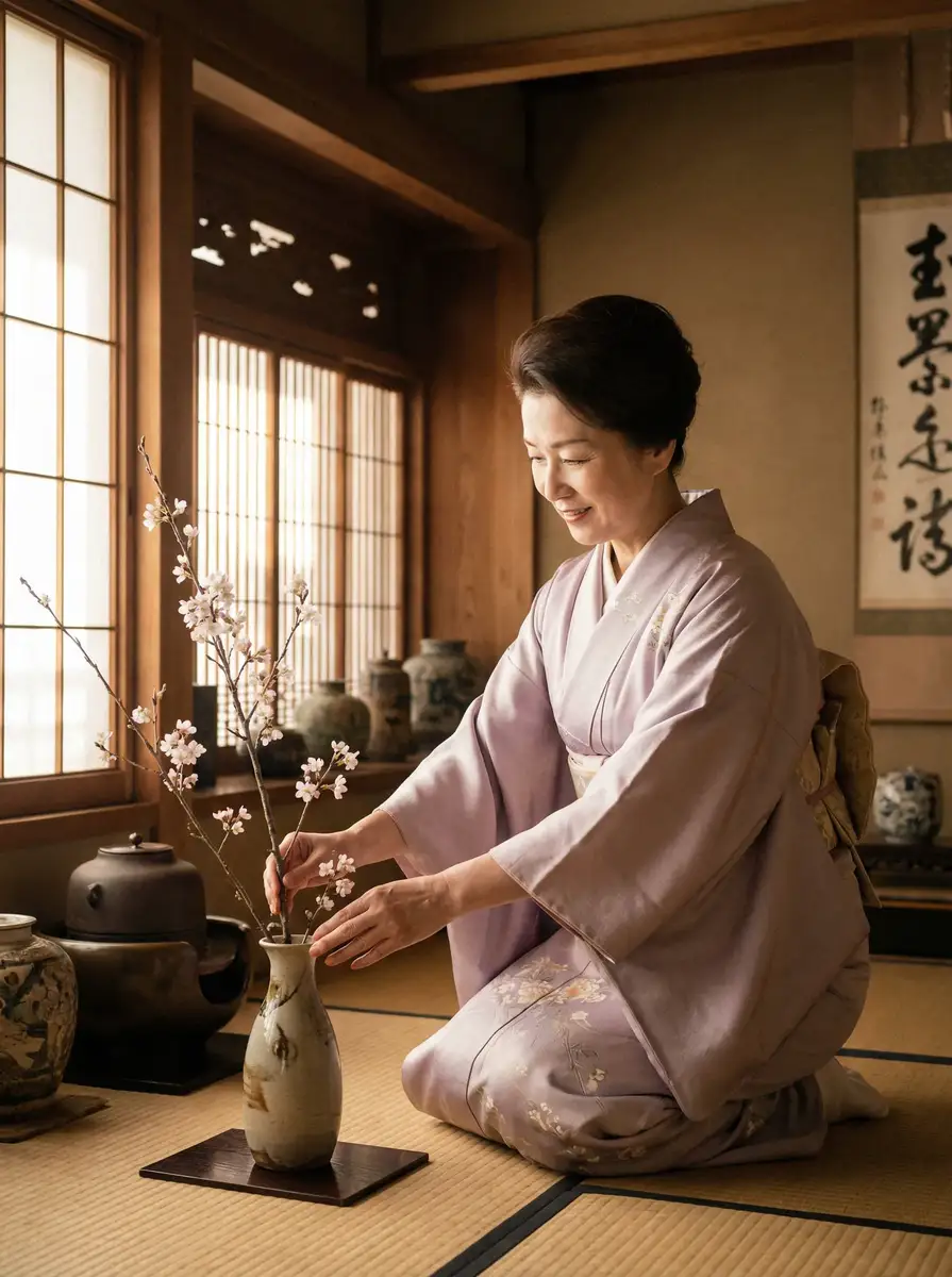 一位优雅的 BET体育平台 在和室中插花